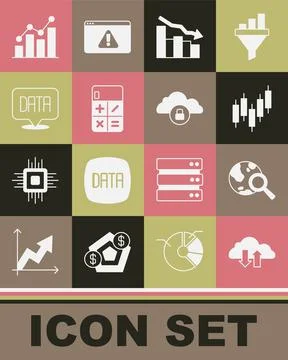 Set Cloud download and upload, Search globe, Browser with stocks market Illustrazione stock