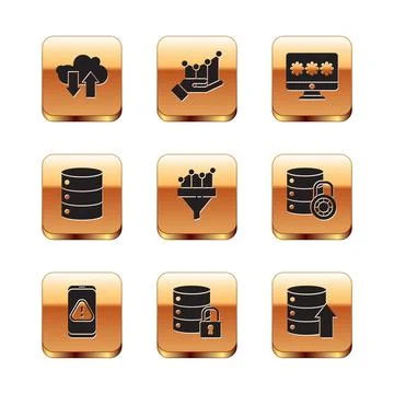 Set Cloud download and upload, Mobile with exclamation mark, Server security Stock Illustration