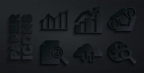 Set Cloud download and upload, Financial growth, Document with graph chart Stock Illustration