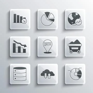 Set Cloud download and upload, Pie chart infographic, Coal mine trolley, Data Stock Illustration