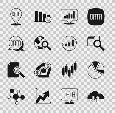 Set Cloud download and upload, Pie chart infographic, Search with folder, g.. Stock-Illustration
