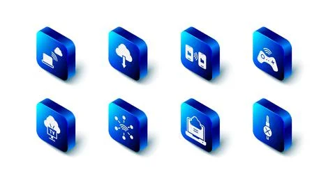 Set Cloud download, Data transfer and storage, Wireless gamepad, No audio jack Stock Illustration
