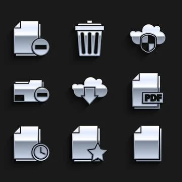 Set Cloud download, Document with star, PDF file document, clock, folder minus Stock Illustration