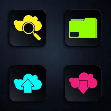Set Cloud download, Search cloud computing, Cloud upload and Document folder Illustrazione stock