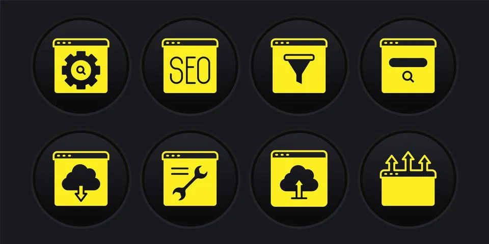 Set Cloud download, Search engine, Browser setting, upload, window, SEO Stock Illustration