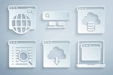 Set Cloud download, technology data transfer, Search engine, Laptop with browser Stock Illustration