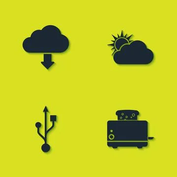 Set Cloud download, Toaster with toasts, USB and Sun and cloud weather icon Stock Illustration