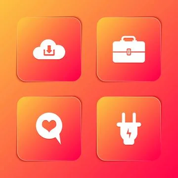 Set Cloud download, Toolbox, Heart in speech bubble and Electric plug icon 스톡 일러스트