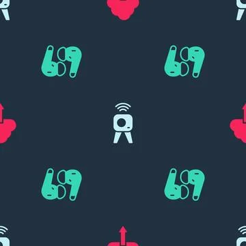 Set Cloud download, Web camera and Air headphones on seamless pattern. Vector 스톡 일러스트