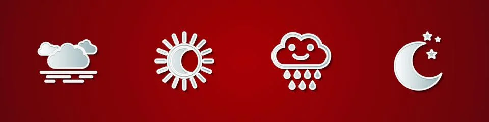 Set Cloud, Eclipse of the sun, with rain and Moon and stars icon. Vector Ilustração Stock