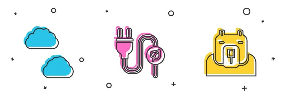 Set Cloud, Electric saving plug in leaf and Polar bear head icon. Vector Illustrazione stock