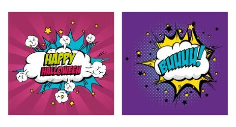 Set of cloud with explosion for happy halloween pop art style Stock Illustration