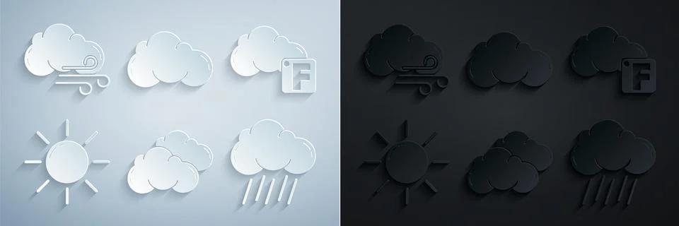 Set Cloud, Fahrenheit and cloud, Sun, with rain, and Windy weather icon. Vector Illustrazione stock