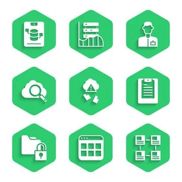 Set Cloud hacking, Browser files, Hierarchy organogram chart, Server, Data 스톡 일러스트