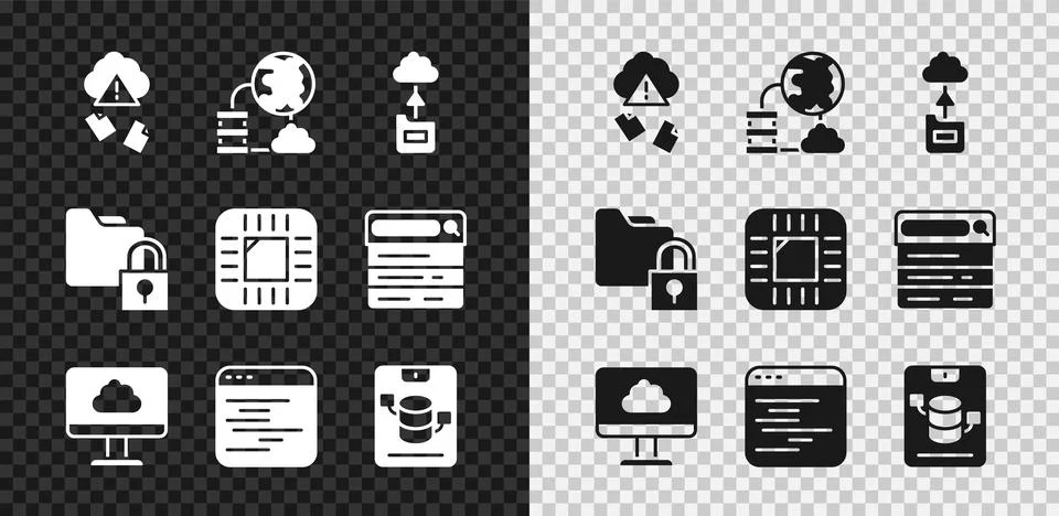 Set Cloud hacking, Network cloud connection, technology data transfer, Software Stock Illustration