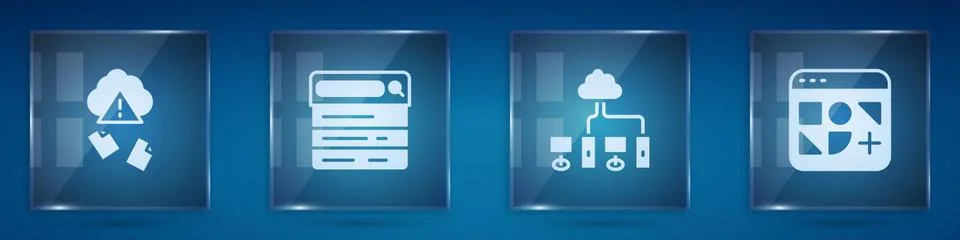 Set Cloud hacking, Search engine, Computer network and Different files. Square Illustrazione stock