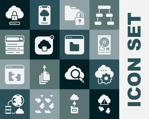 Set Cloud hacking, technology data transfer, Hard disk drive HDD, Folder and Illustrazione stock