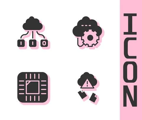 Set Cloud hacking, technology data transfer, Processor with CPU and icon. Vector Stock Illustration