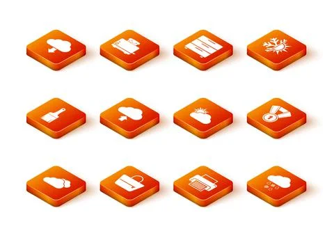 Set Cloud, Handbag, Paint brush, upload, Printer and Sun cloud weather icon Stock Illustration