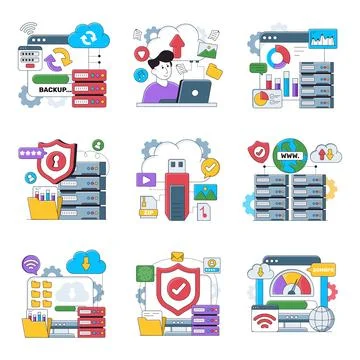 Set of Cloud Hosting Flat Illustrations Stock Illustration
