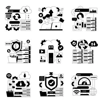 Set of Cloud Hosting Solid Illustrations Stock Illustration