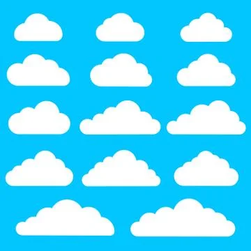 Set of cloud icons on blue background. Collection of different cloud icons. Stock Illustration