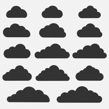 Set of cloud icons on grey background. Collection of different cloud icons. Stock Illustration