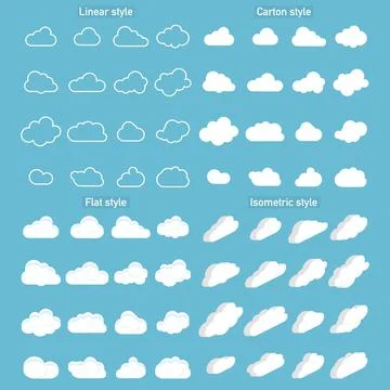 Set of Cloud Icons in trendy in 4 styles. Clouds in flat and carton and isome Illustrazione stock