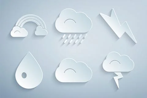 Set Cloud, Lightning bolt, Water drop, Storm, with rain and Rainbow clouds .. Stock Illustration