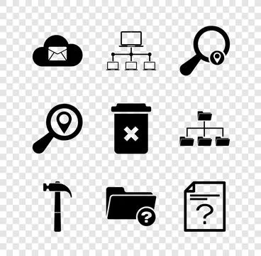 Set Cloud mail server, Computer network, Search location, Hammer, Unknown d.. 스톡 일러스트