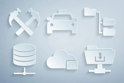 Set Cloud mail server, Folder tree, Server, Data, Web Hosting, FTP folder 스톡 일러스트
