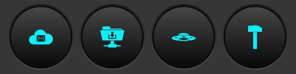 Set Cloud mail server, FTP folder download, UFO flying spaceship and Hammer icon Stock Illustration