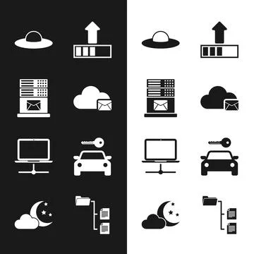 Set Cloud mail server, Mail, UFO flying spaceship, Loading, Computer network and Illustrazione stock