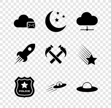 Set Cloud mail server, Moon and stars, Network cloud connection, Police badge 库存插图