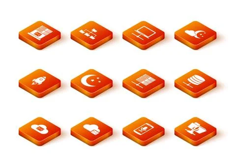 Set Cloud mail server, , Rocket ship with fire, Moon and stars, Mobile recording Stock Illustration