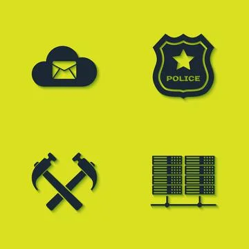 Set Cloud mail server, Server, Data, Web Hosting, Two crossed hammers and Police Illustrazione stock