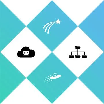 Set Cloud mail server, UFO flying spaceship and alien, Falling star and Folder 스톡 일러스트