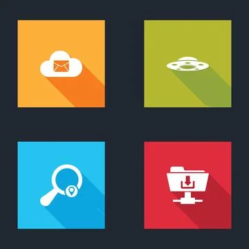 Set Cloud mail server, UFO flying spaceship, Search location and FTP folder Stock Illustration