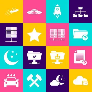 Set Cloud mail server, Unknown document, directory, Rocket ship with fire, Star Illustrazione stock