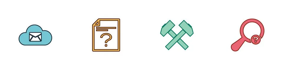 Set Cloud mail server, Unknown document, Two crossed hammers and search icon Stock Illustration