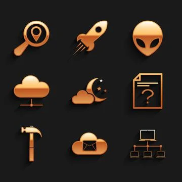 Set Cloud with moon and stars, mail server, Computer network, Unknown document 스톡 일러스트