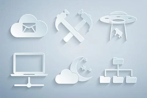 Set Cloud with moon and stars, UFO abducts cow, Computer network, Folder tree Stockillustratie