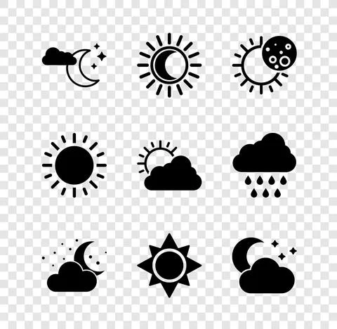 Set Cloud with moon and stars, Eclipse of the sun, Sun, and cloud weather icon Illustrazione stock