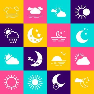 Set Cloud with moon and stars, Sun cloud weather, Moon, rain sun, and icon Stock Illustration