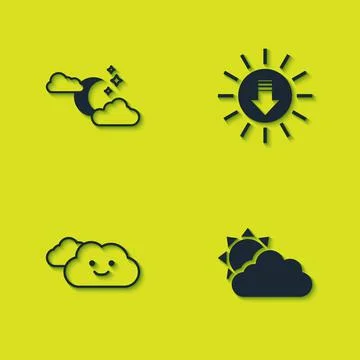 Set Cloud with moon and stars, Sun cloud weather, and Sunset icon. Vector Illustrazione stock