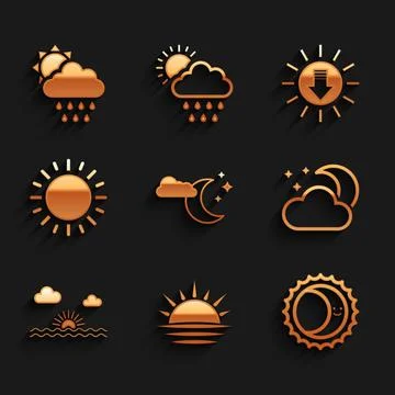 Set Cloud with moon and stars, Sunset, Eclipse of the sun, and rain icon. Vector Ilustração Stock