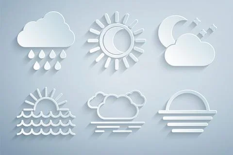 Set Cloud, with moon and stars, Sunset, Eclipse of the sun and rain icon. Vector Stock Illustration