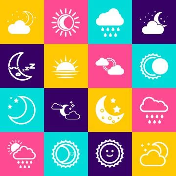 Set Cloud with moon and stars, rain, Eclipse of the sun, Sunset, Moon icon, and Ilustração Stock