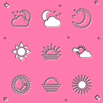 Set Cloud with moon and stars, Moon, Sun, Sunset, cloud weather, Eclipse of sun Ilustração Stock