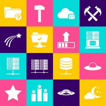 Set Cloud with moon and stars, UFO flying spaceship, Mail server, mail, FTP Stock Illustration